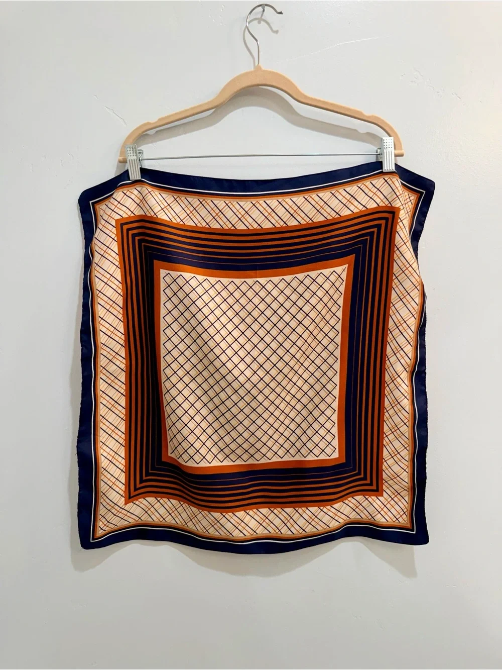 70s Vintage Geometric Plaid Striped Satin Neck Scarf Rust Orange Navy Fall 26”